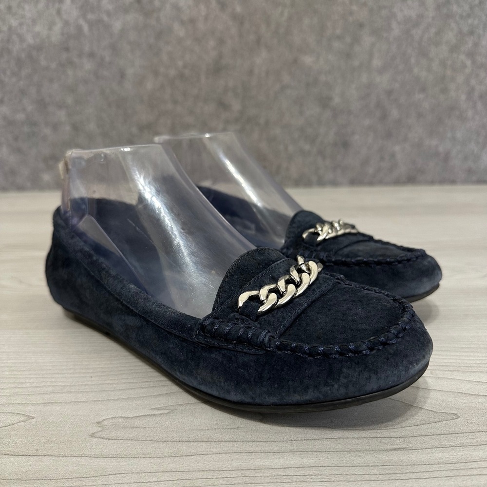 Vionic‎ Mesa Loafer Flats Womens 6 Navy Blue Suede Chain Link Moccasin Slip On